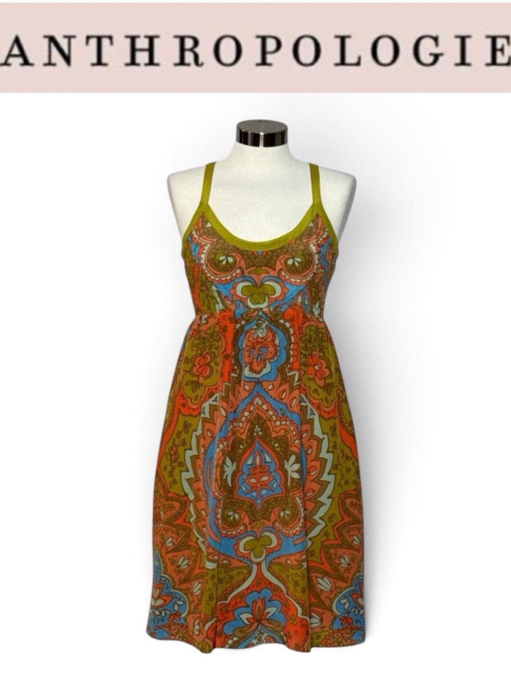 ANTHROPOLOGIE MOULINETTE SOEURS SILK BOHO PAISLEY RACERBACK MIDI DRESS SIZE 6